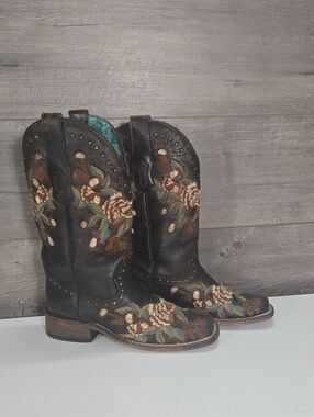 Womens Corral Embroidered Dark Brown Leather Western Boots w/Studs Sz 7 1/2w